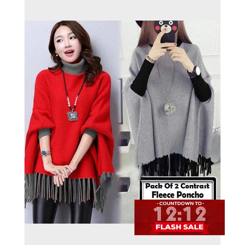 12-12 SALE:  PACK OF 2 CONTRAST WINTER FLEECE PONCHO