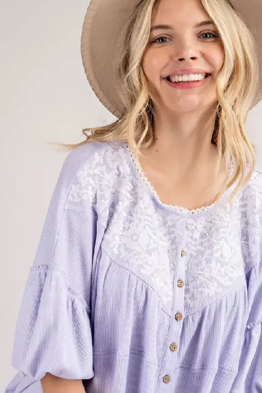 143 Story Embroidered Dolman Babydoll Short Top - Lavender