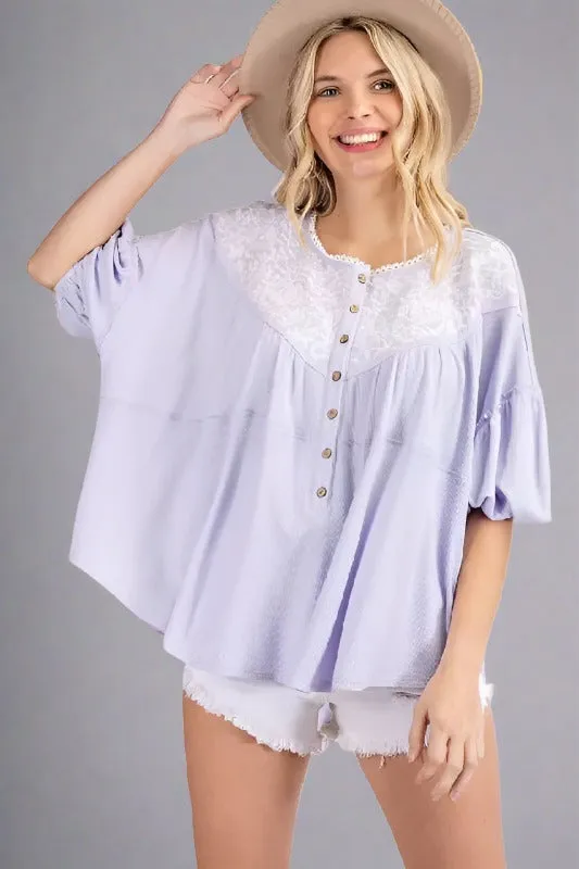 143 Story Embroidered Dolman Babydoll Short Top - Lavender