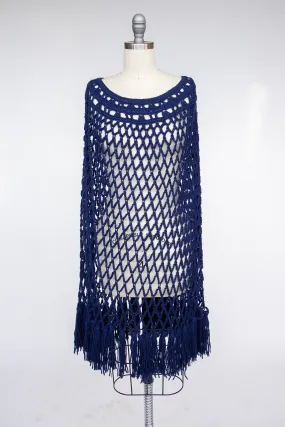 1970s Poncho Sheer Knit Fringe Granny Crochet