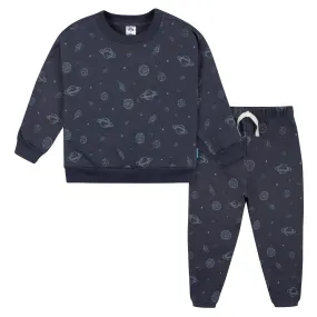 2-Piece Infant and Toddler Boys Navy Space Sweatshirt & Pant Set