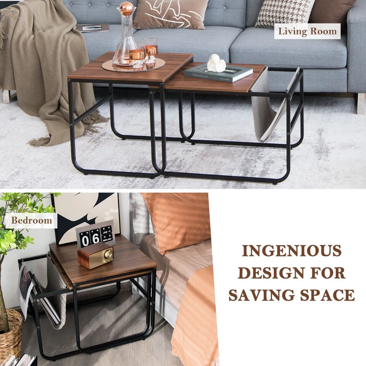 2 Pieces Modern Industrial Nesting Coffee Table Set-Brown