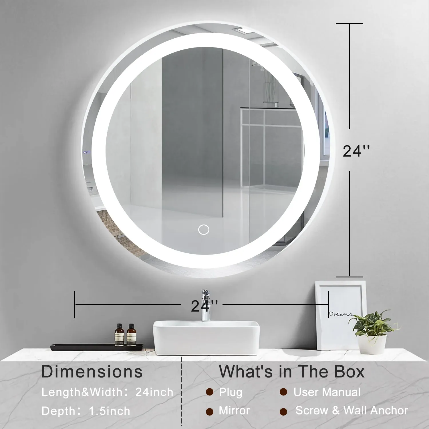 24" LED Round Bathroom Mirror Light Dimmable Vanity Mirror Light