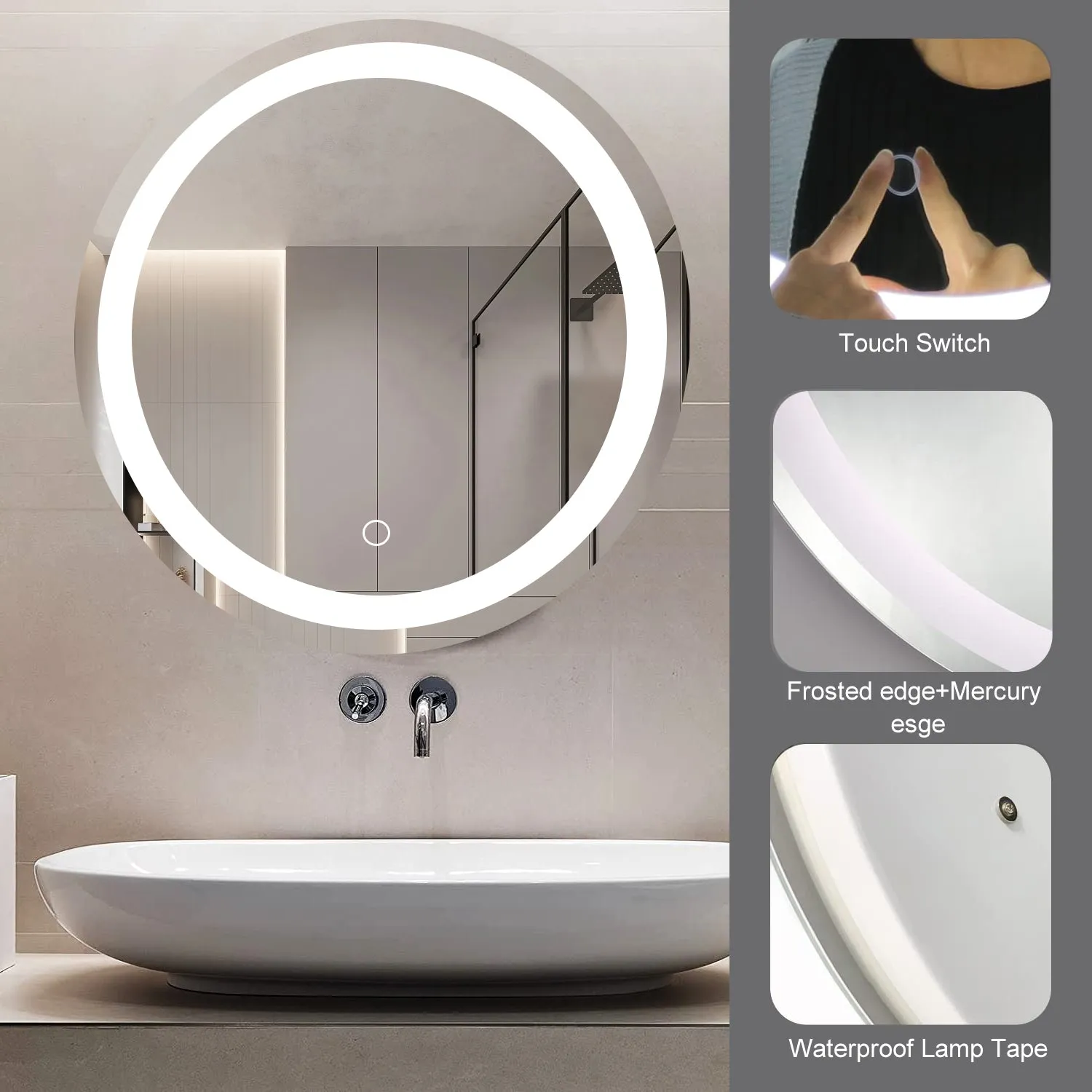 24" LED Round Bathroom Mirror Light Dimmable Vanity Mirror Light