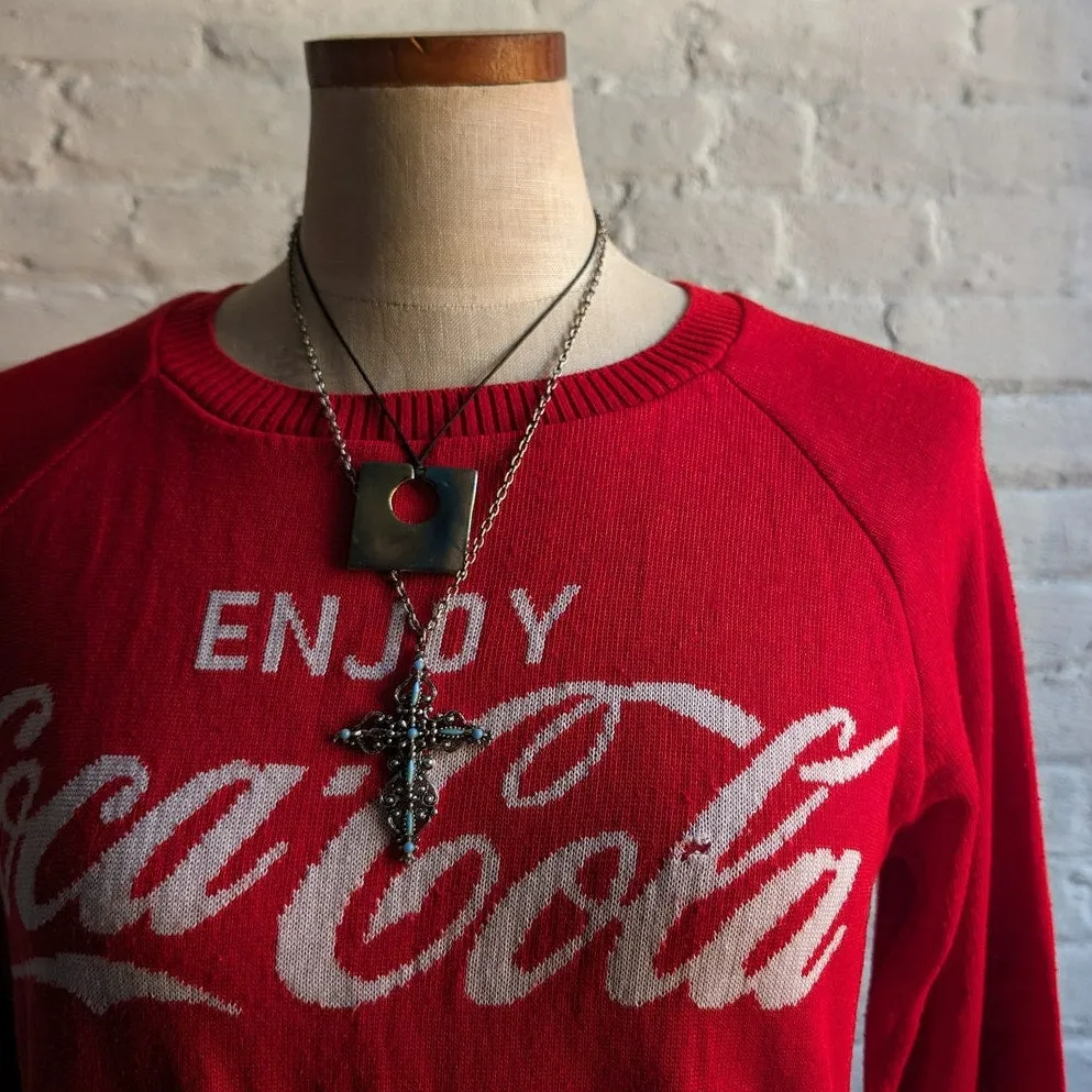 90s Vintage Red Classic Coca Cola Sweater Oversize Preppy Crewneck Sweater Top