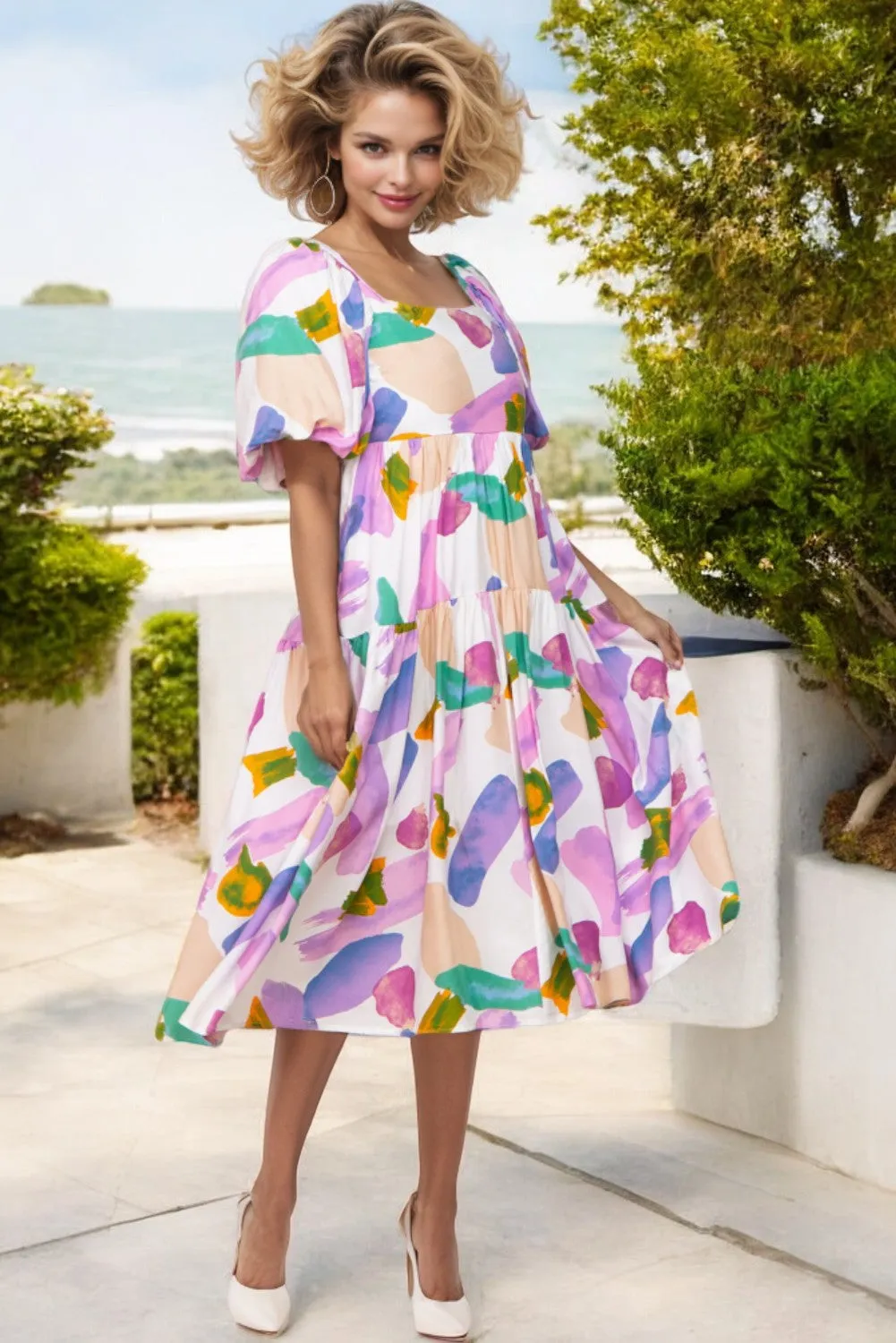 Abstract Print Puff Sleeve Smocked Back Midi Dress