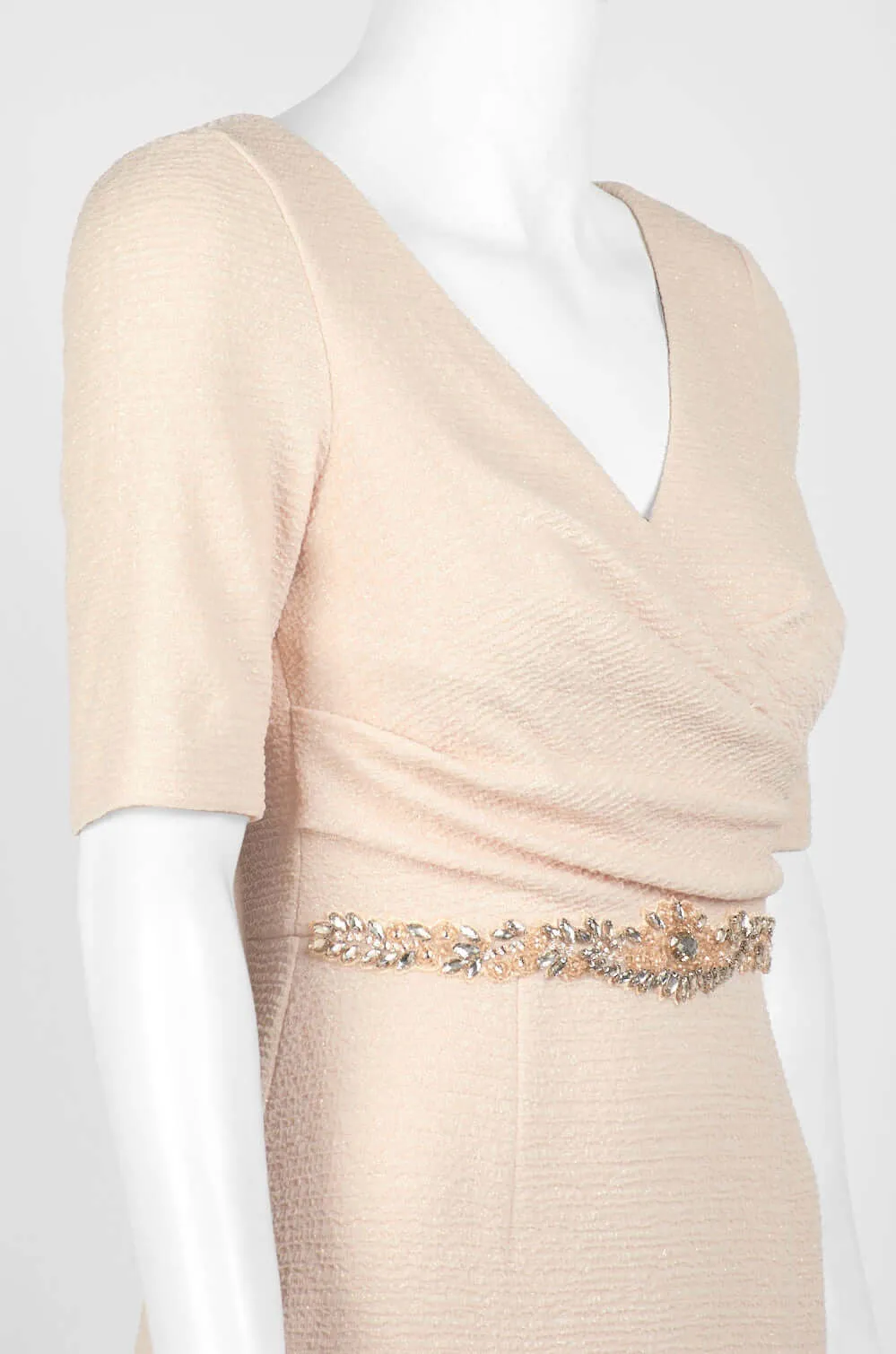 Adrianna Papell V-Neck 3/4 Sleeve Ruched Embellished Waist Zipper Back Metallic Knit Dress