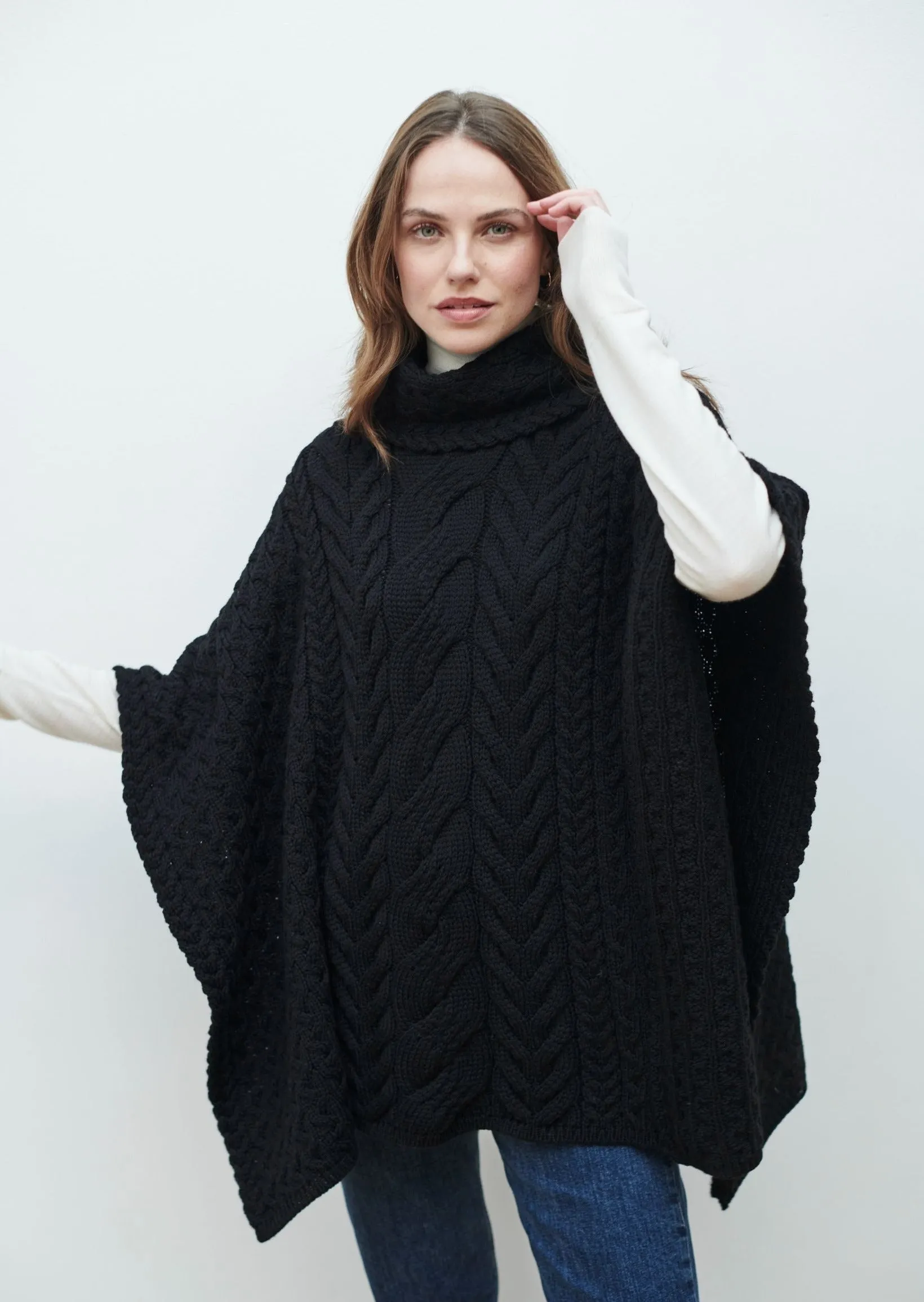 Aran Cowl Neck Poncho | Black