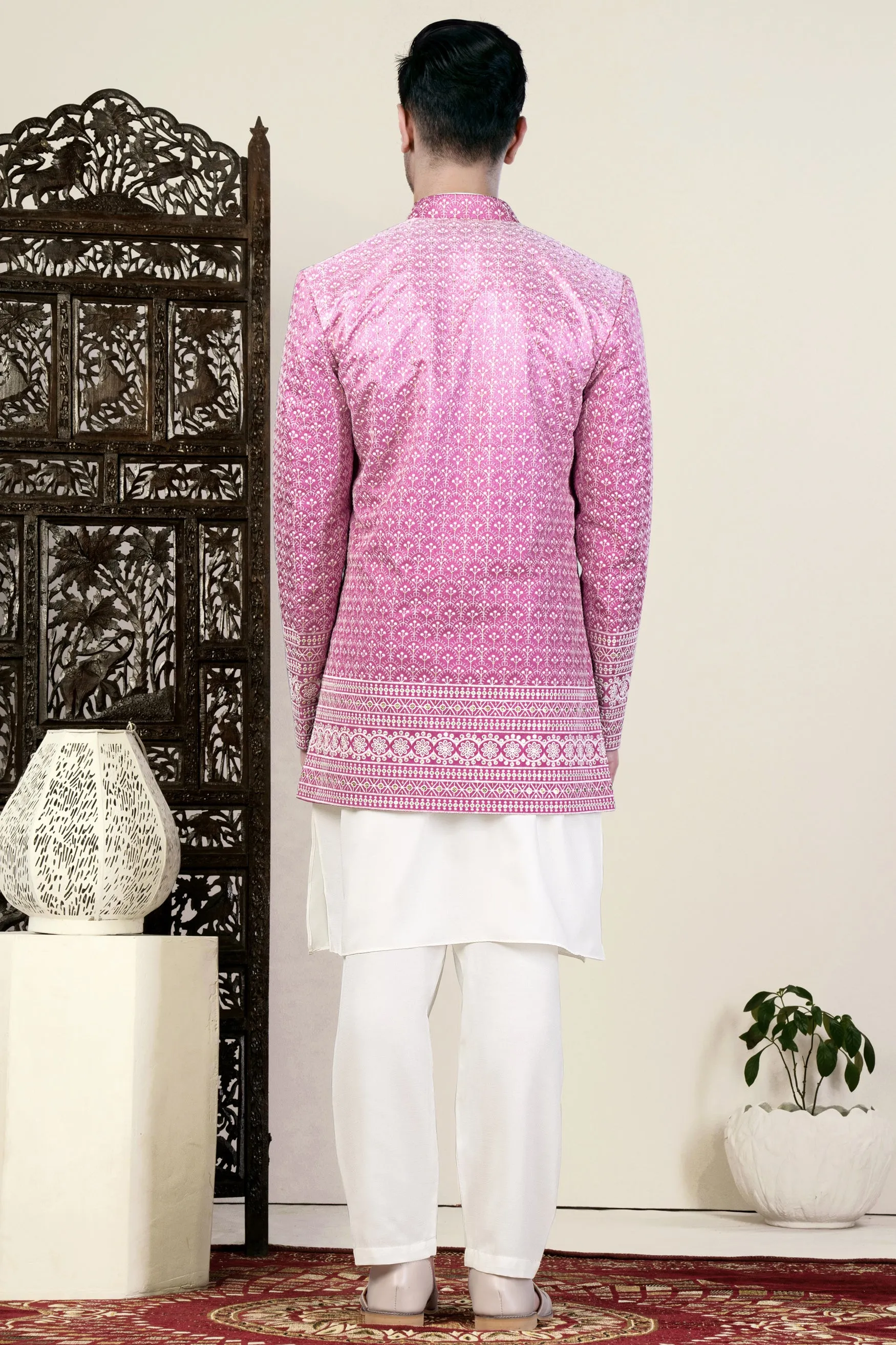 Bashful Pink and White Thread Embroidered Indo-Western Set