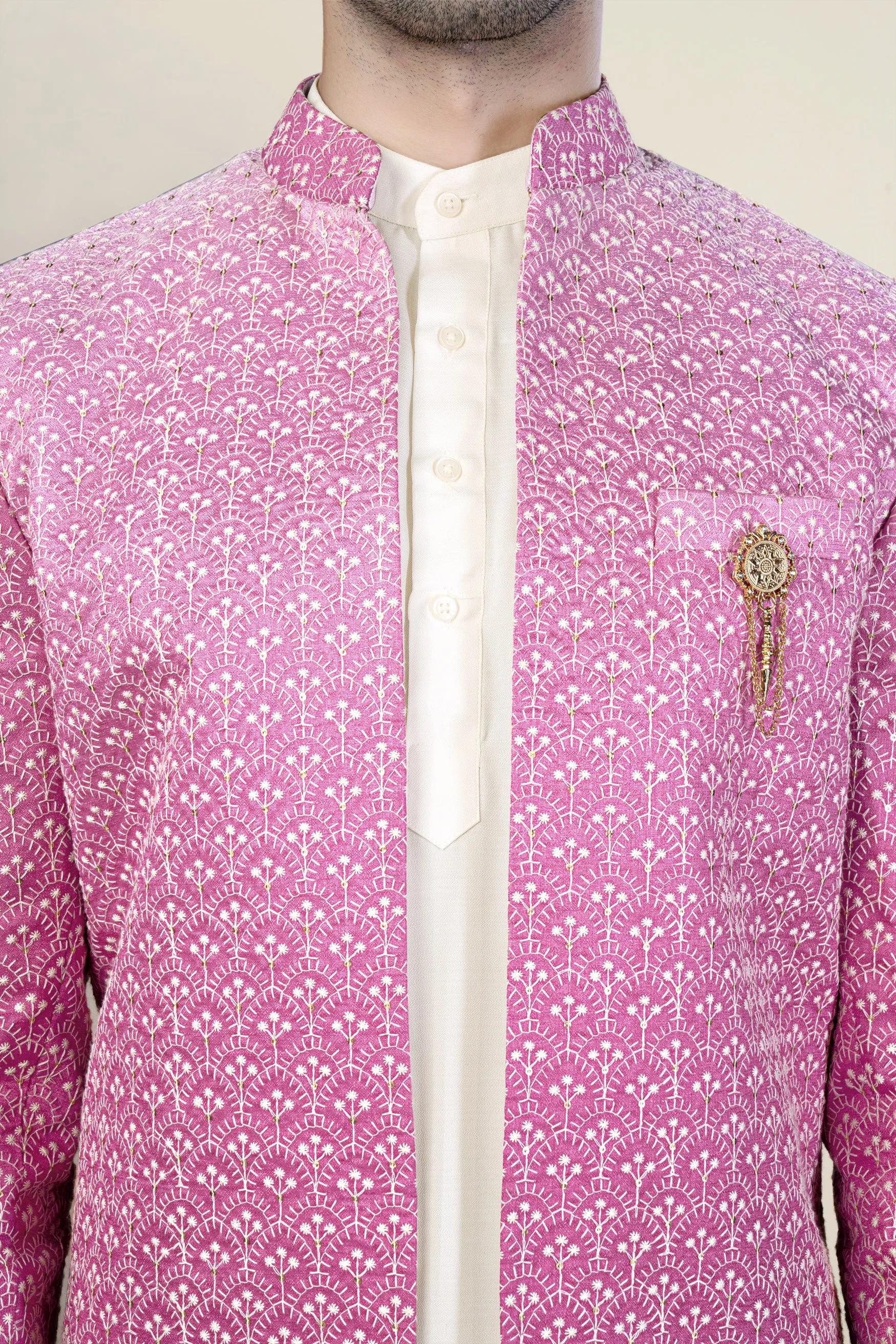 Bashful Pink and White Thread Embroidered Indo-Western Set