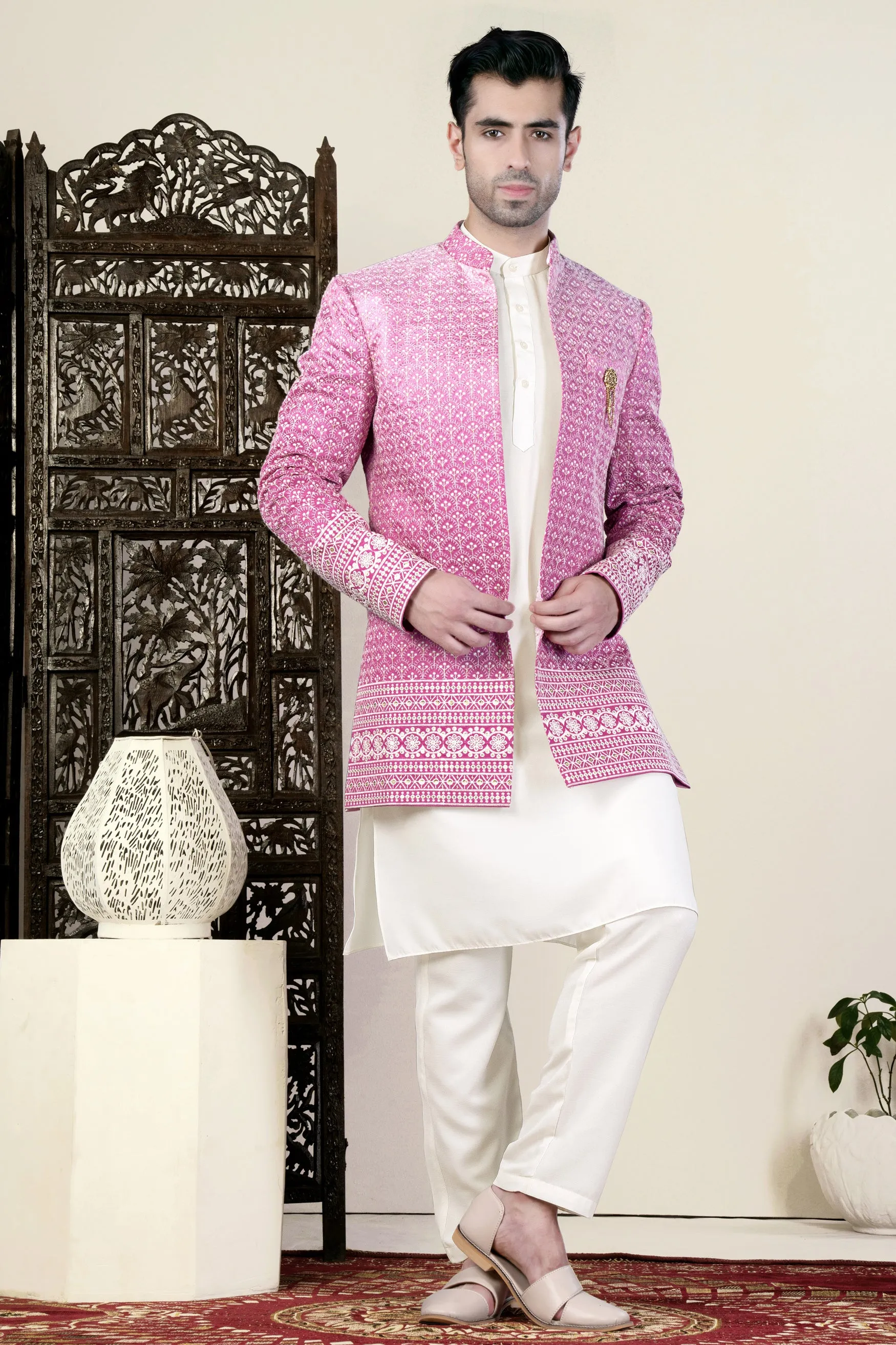 Bashful Pink and White Thread Embroidered Indo-Western Set