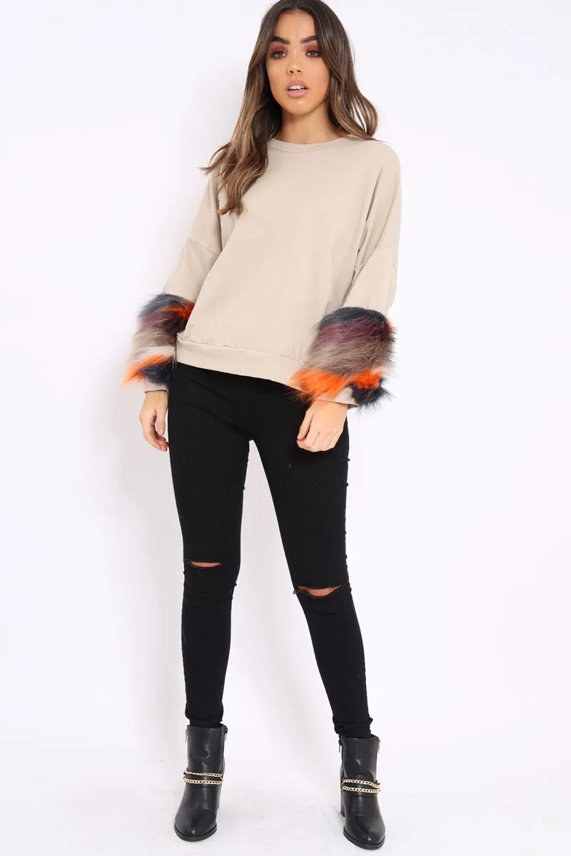 Beige Sweatshirt with Multicolour Fur Sleeves - Loise