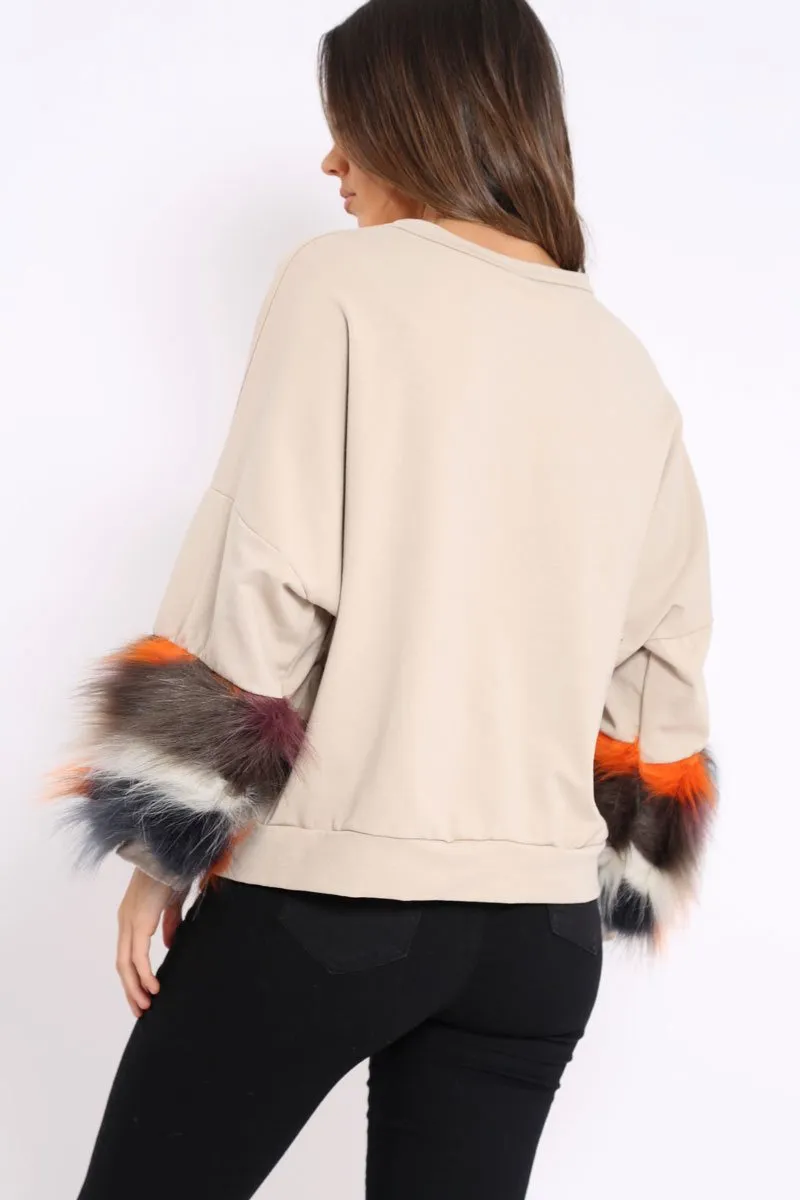 Beige Sweatshirt with Multicolour Fur Sleeves - Loise