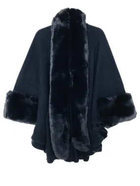 Black Faux-Rabbit-Fur long Collar Handkerchief Hem Cardigan