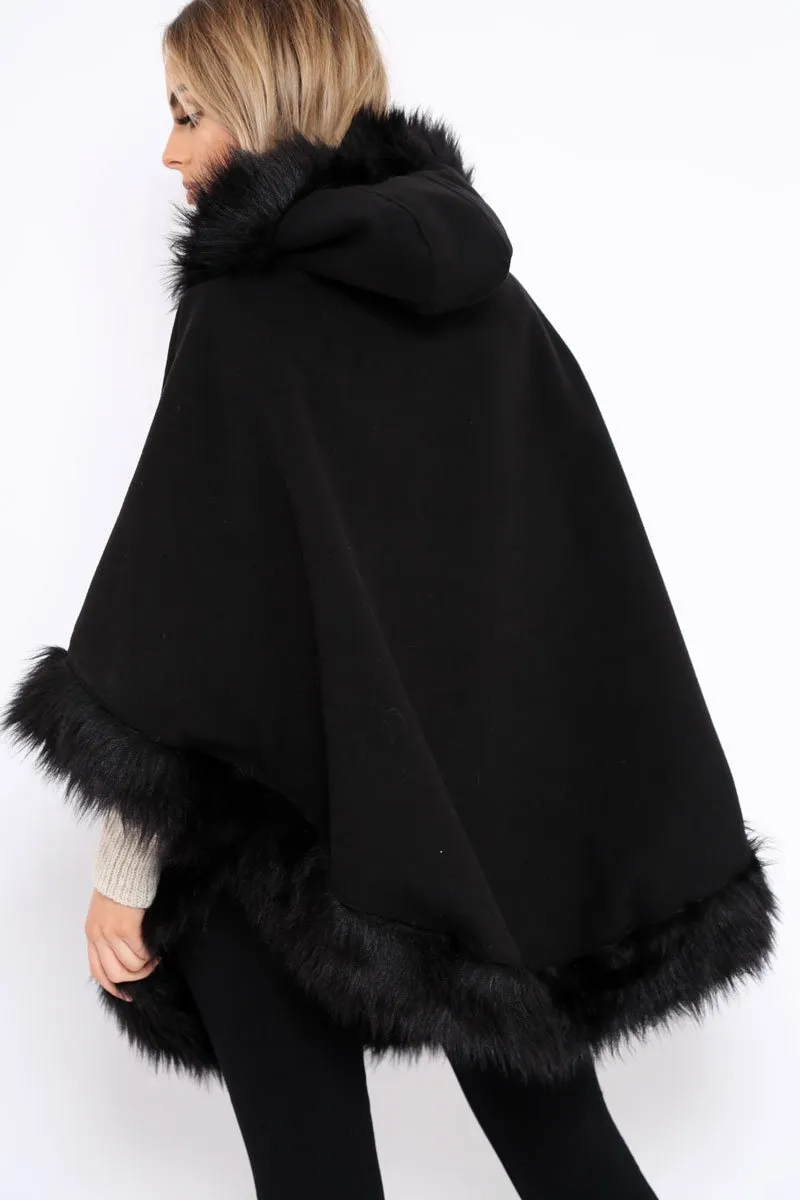 Black  Fur Trim Poncho - Autumn