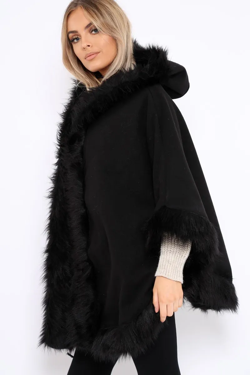 Black  Fur Trim Poncho - Autumn