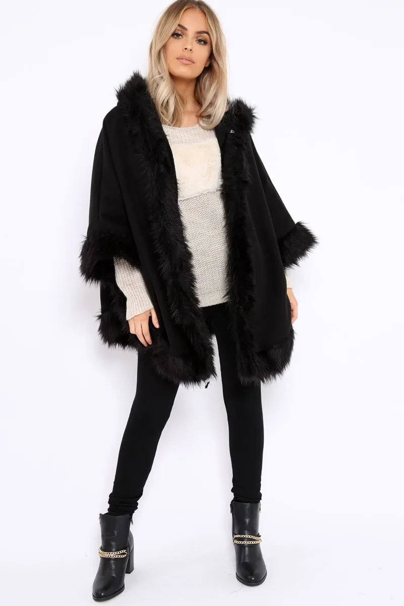 Black  Fur Trim Poncho - Autumn