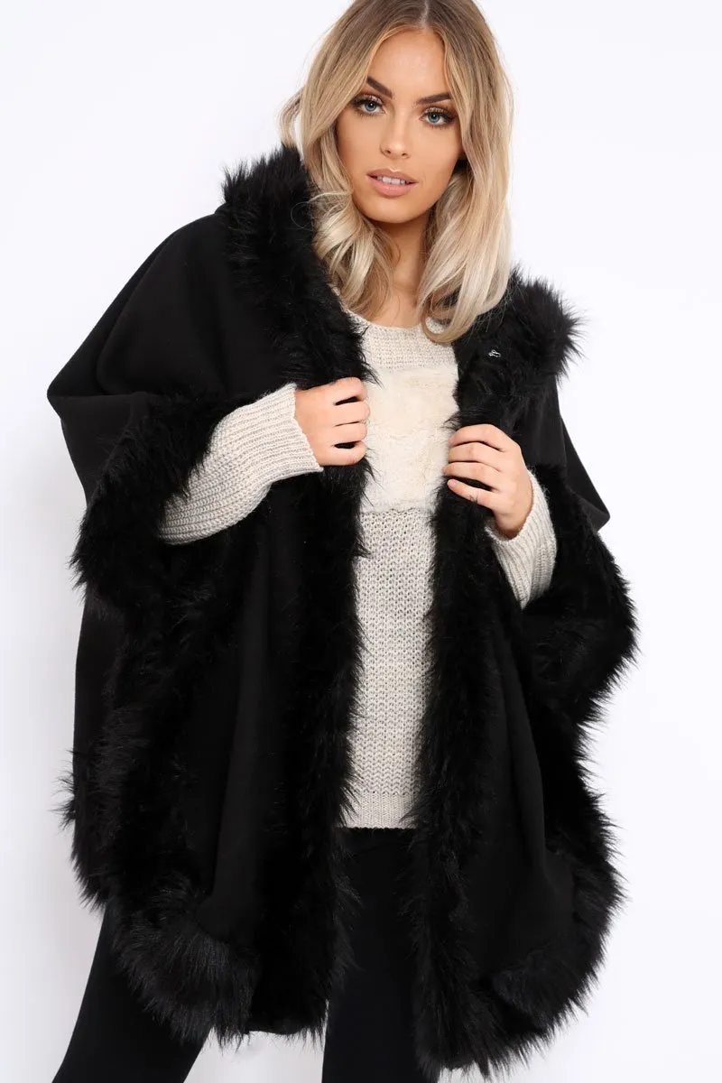 Black  Fur Trim Poncho - Autumn