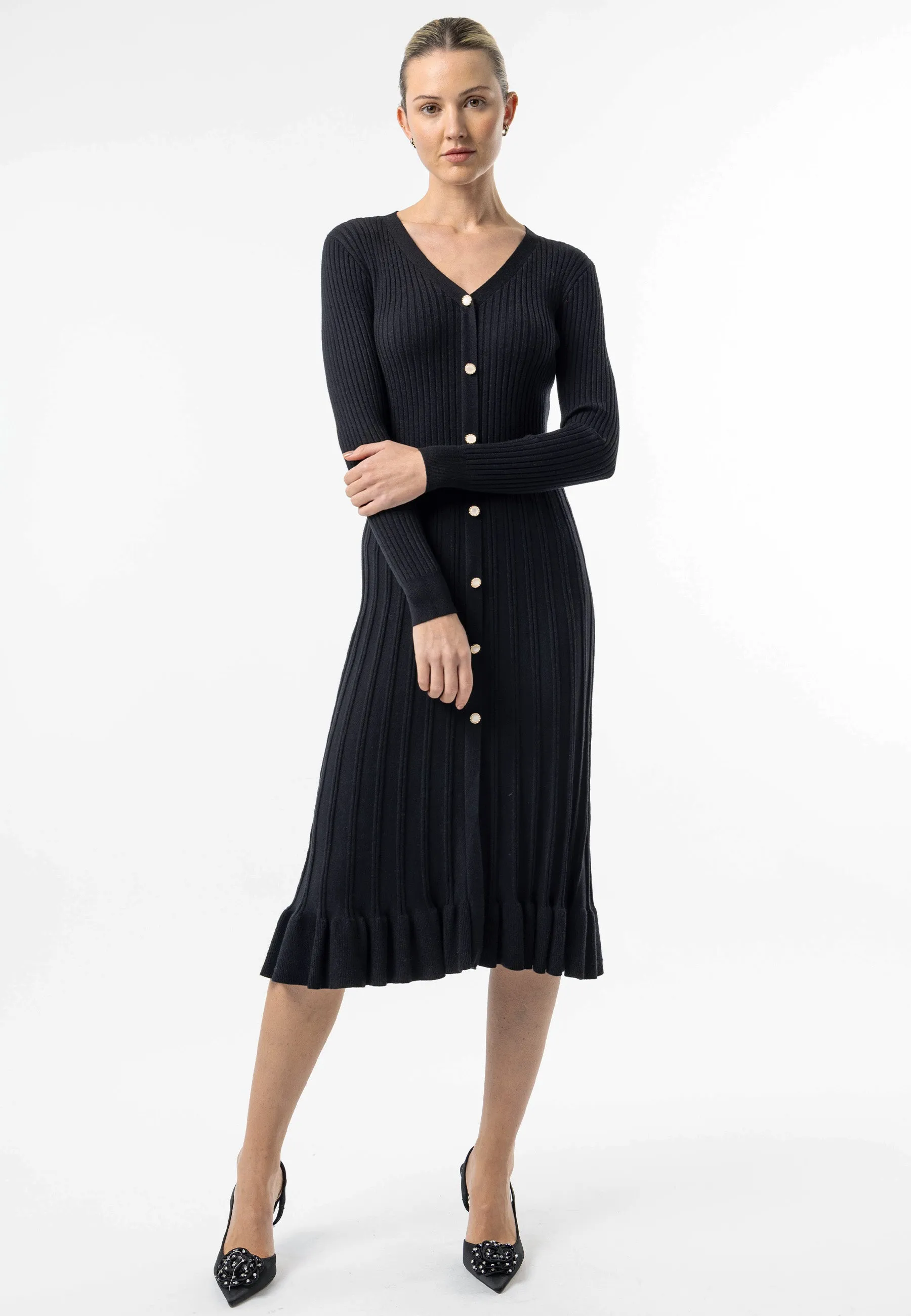 Black Knit Button Midi Dress with Ruffle Hem