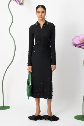 black ornamental polo midi dress