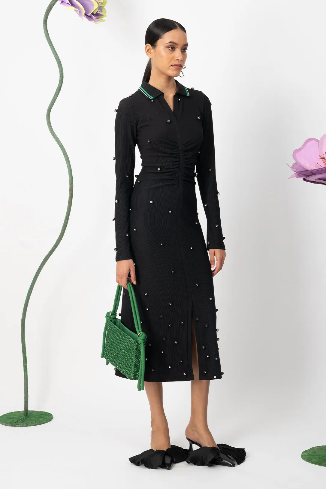 black ornamental polo midi dress