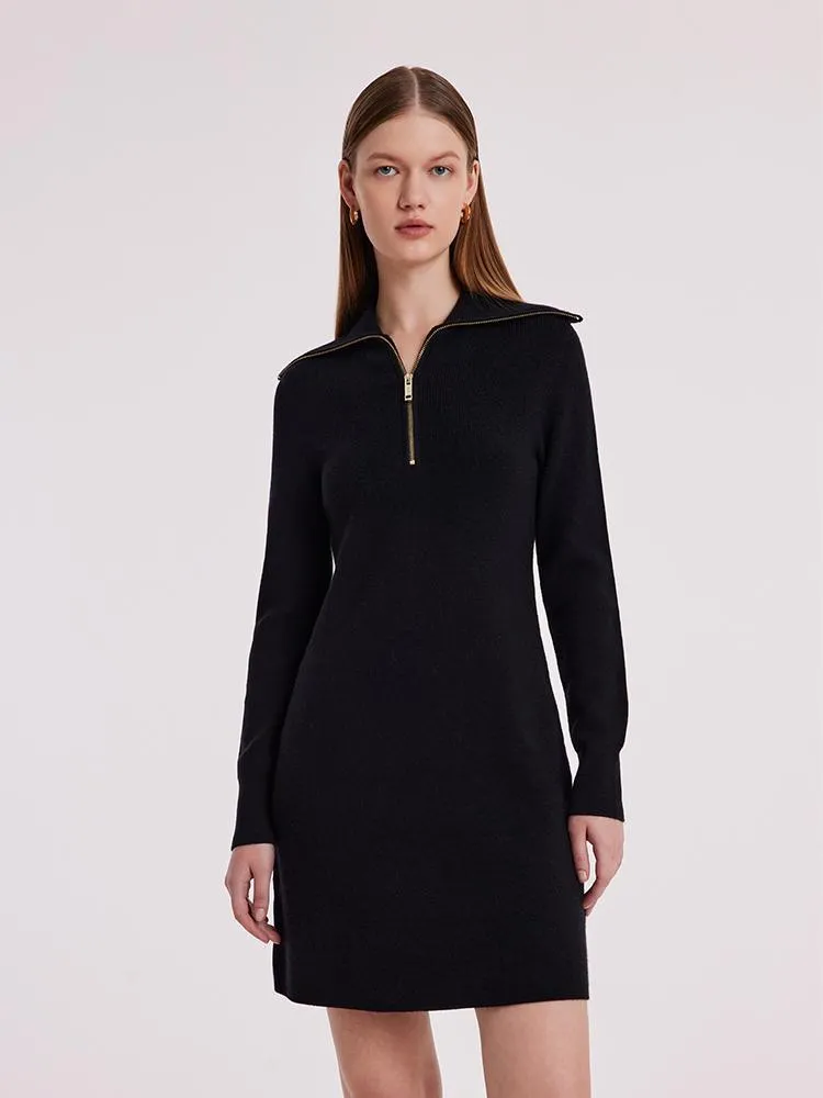 Black Wool Knit Lapel Dress With Zip