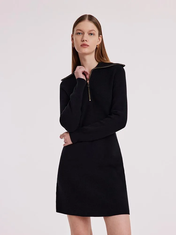 Black Wool Knit Lapel Dress With Zip