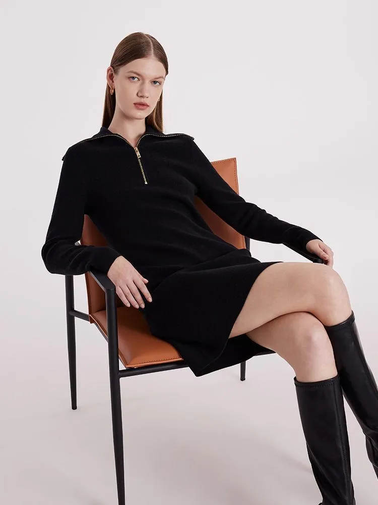 Black Wool Knit Lapel Dress With Zip