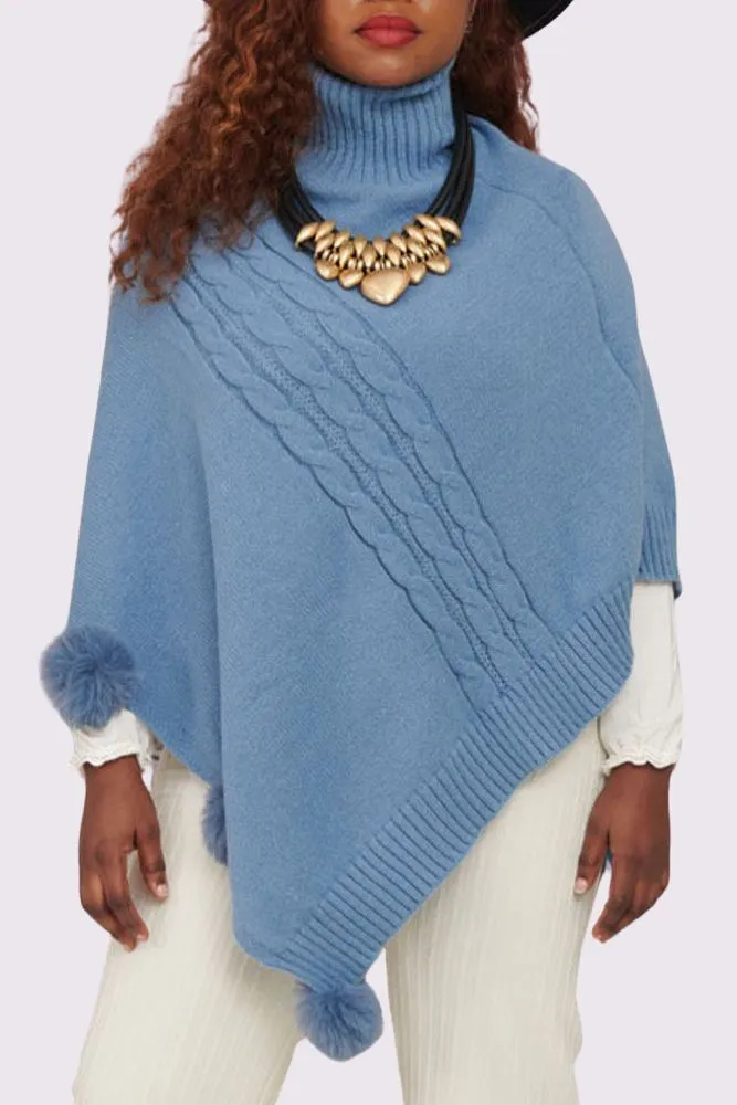 Cable Knit Faux Fur PomPom Poncho