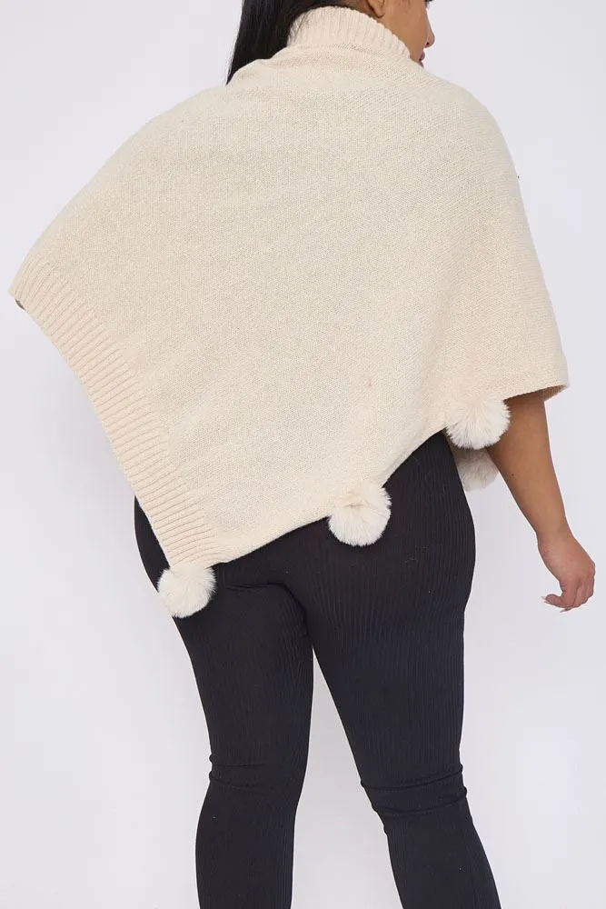 Cable Knit Faux Fur PomPom Poncho