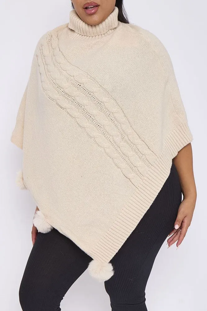 Cable Knit Faux Fur PomPom Poncho