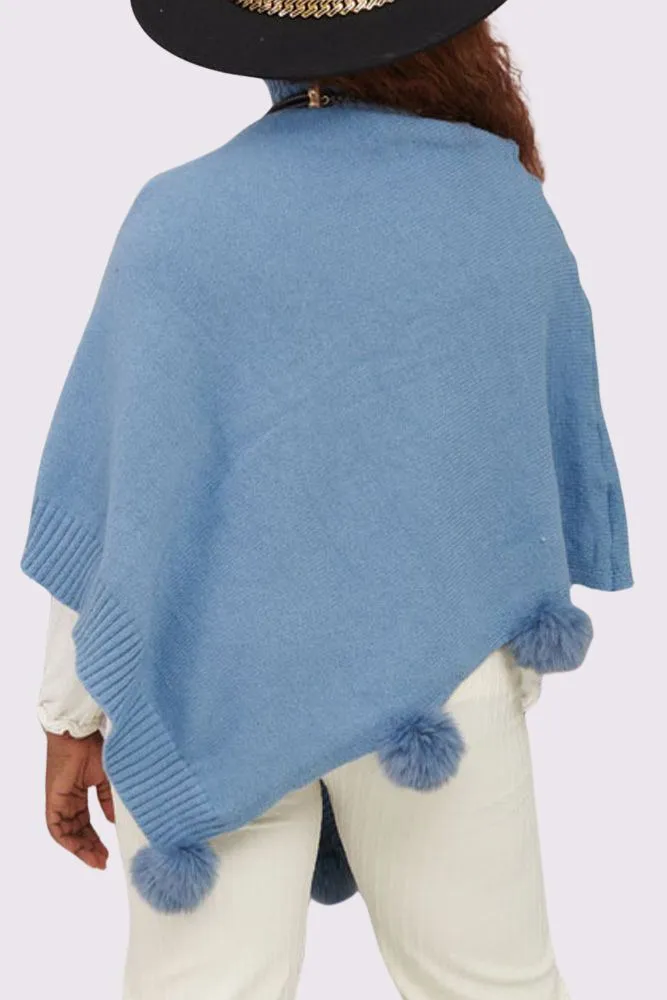 Cable Knit Faux Fur PomPom Poncho