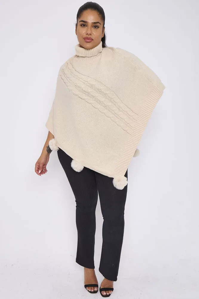 Cable Knit Faux Fur PomPom Poncho