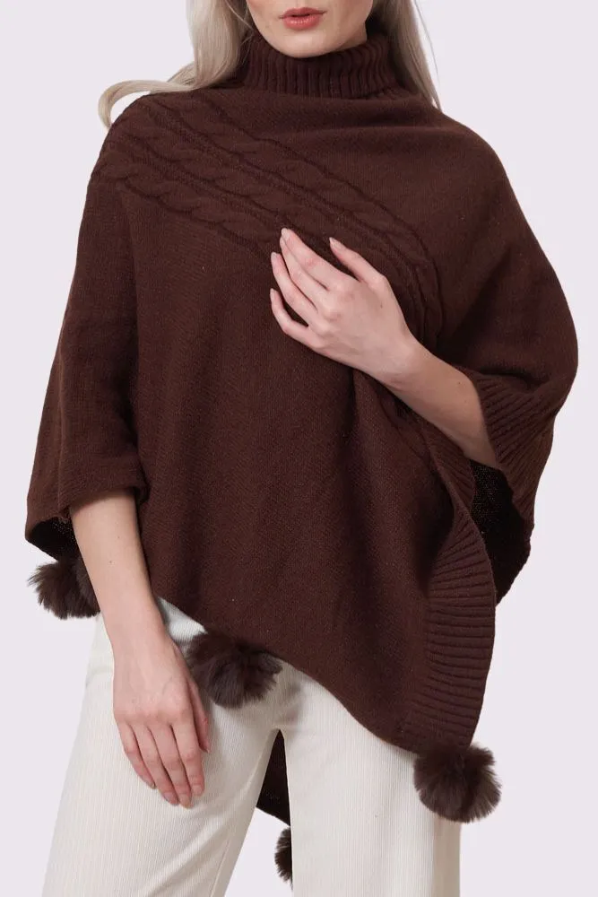 Cable Knit Faux Fur PomPom Poncho