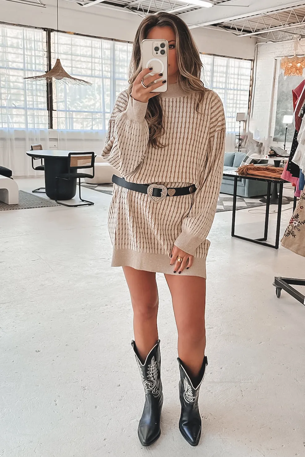 Can We Take A Minute Cream Cable Knit Sweater Mini Dress