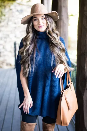 Care For You Navy Blue Turtleneck Poncho