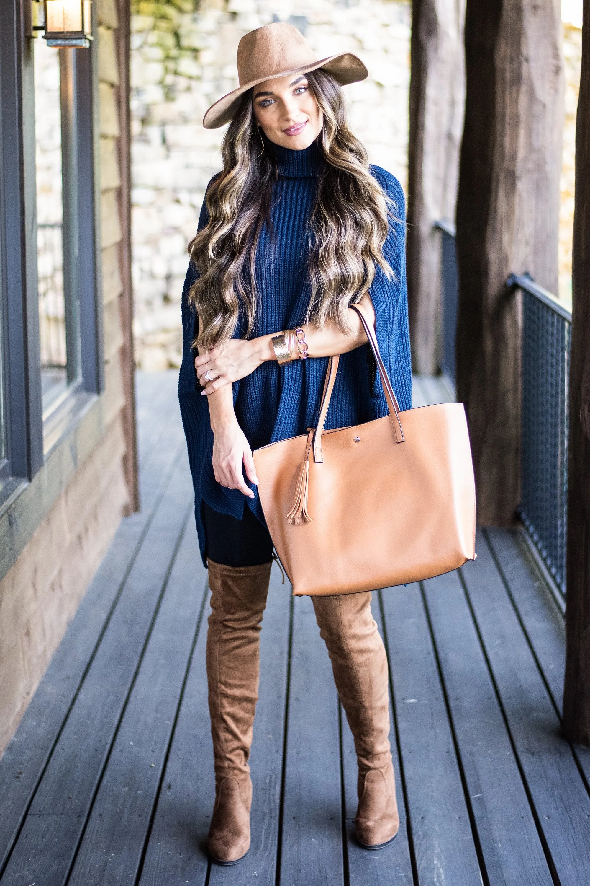 Care For You Navy Blue Turtleneck Poncho