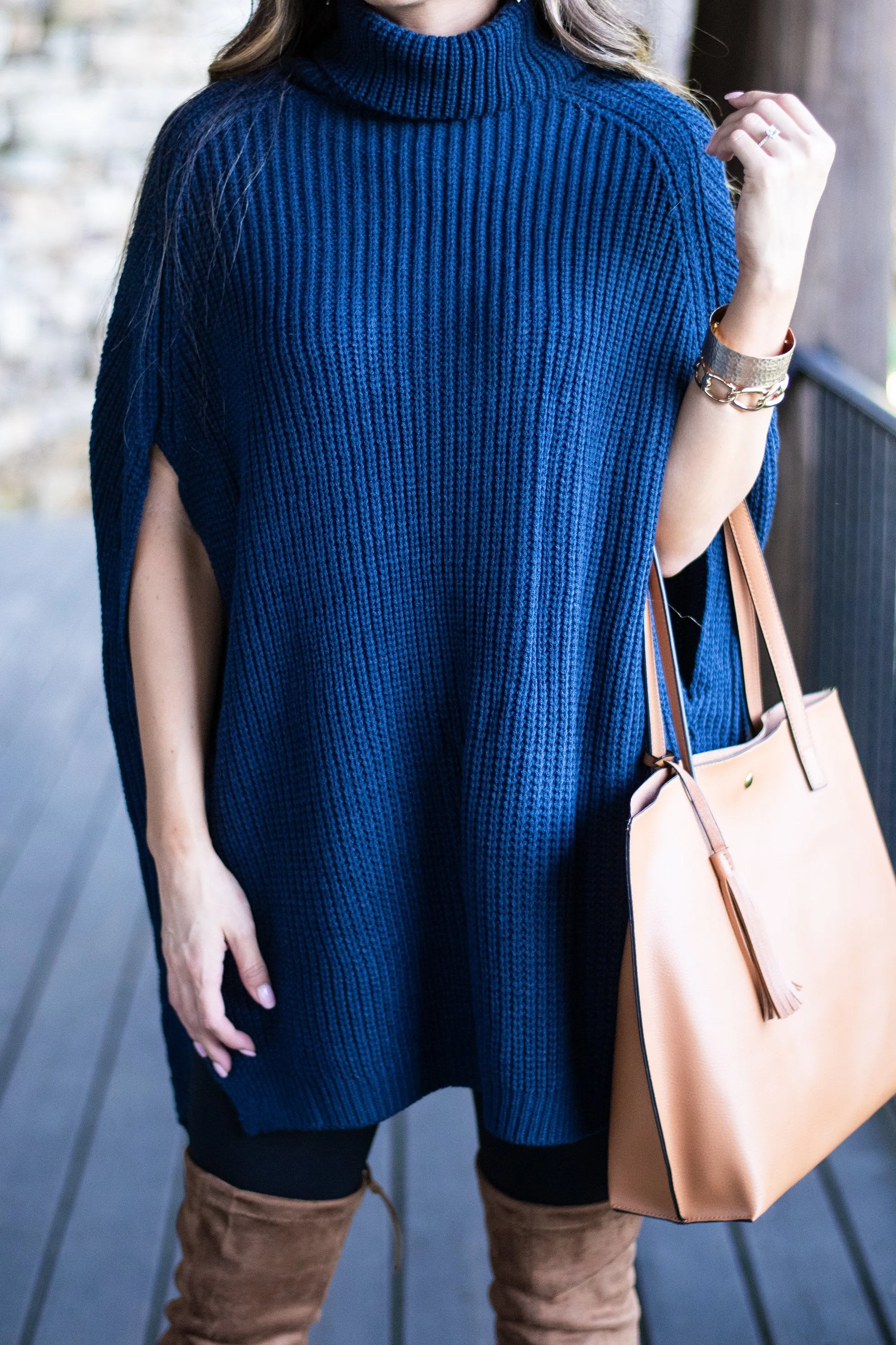 Care For You Navy Blue Turtleneck Poncho