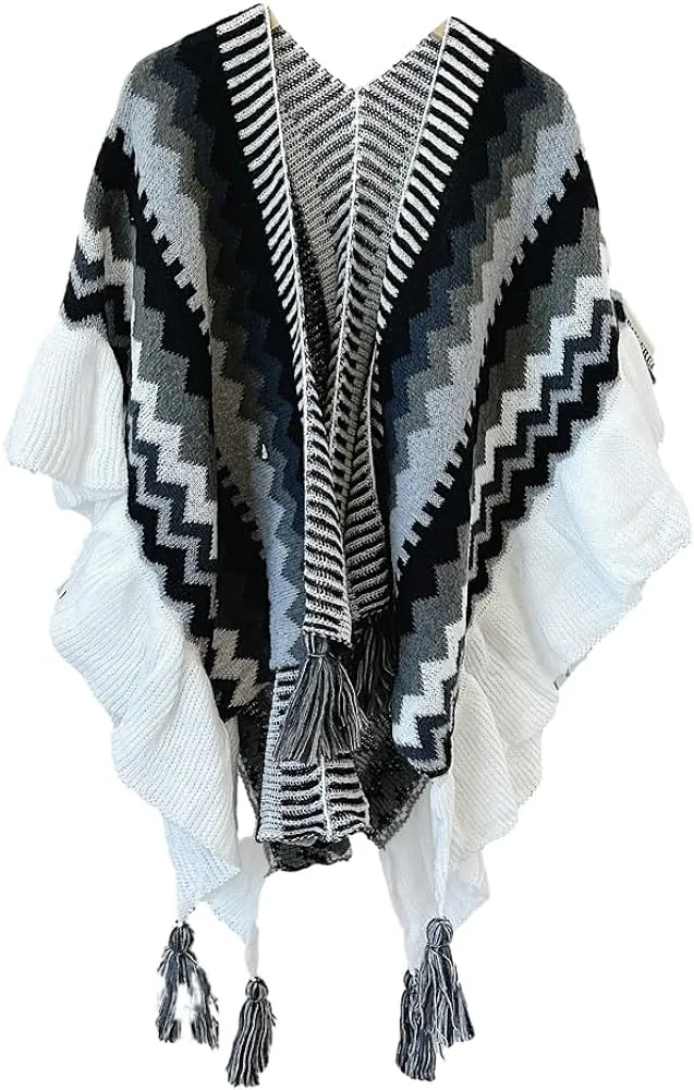 Chevron Batwing Tassel Hem Poncho