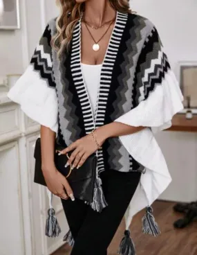 Chevron Batwing Tassel Hem Poncho