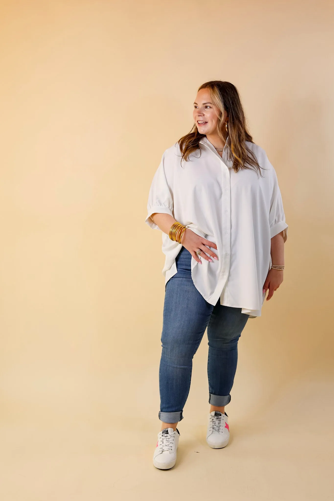 City Lifestyle Button Up Half Sleeve Poncho Top in Off White