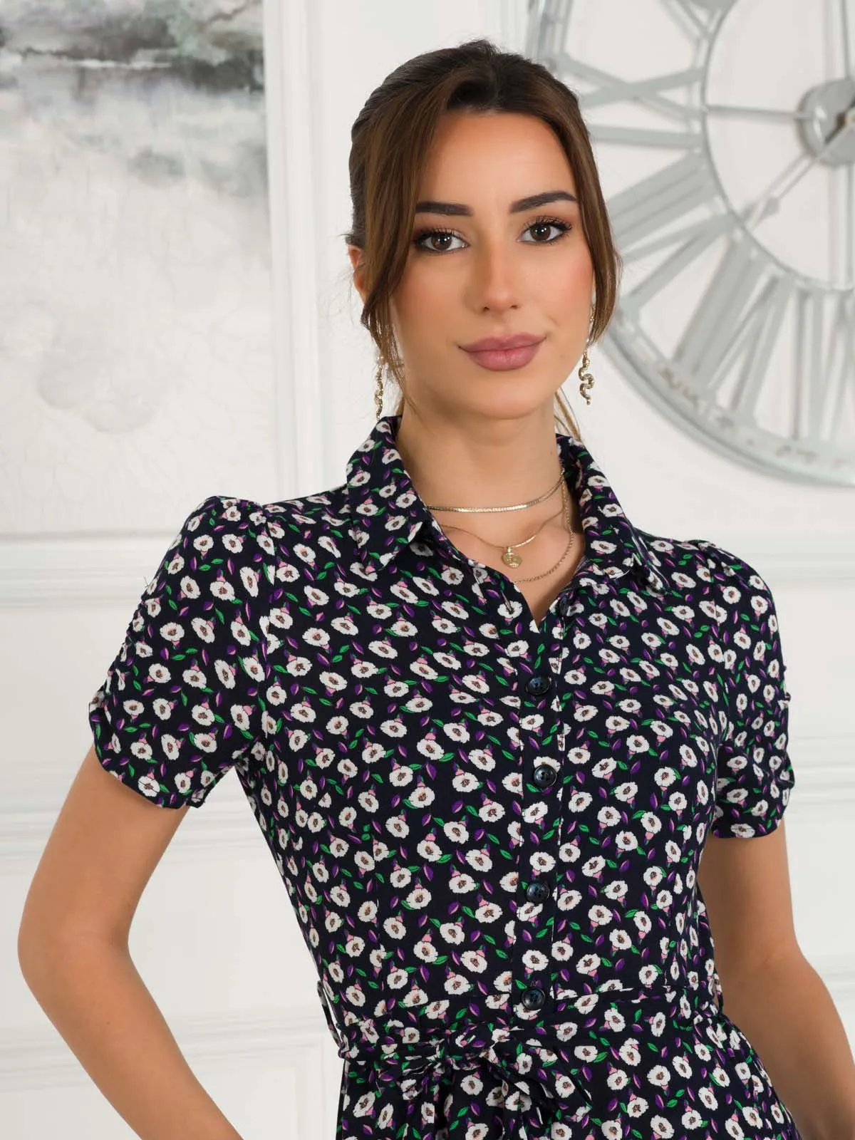 Danni Shirt Midi Dress, Navy Floral