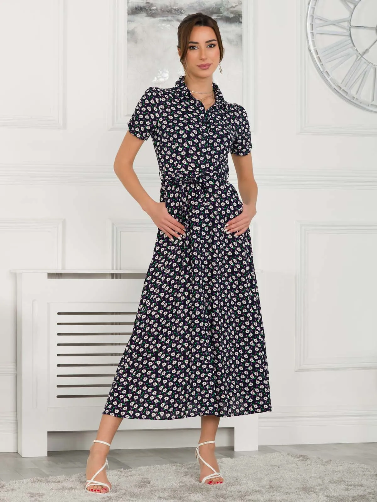 Danni Shirt Midi Dress, Navy Floral