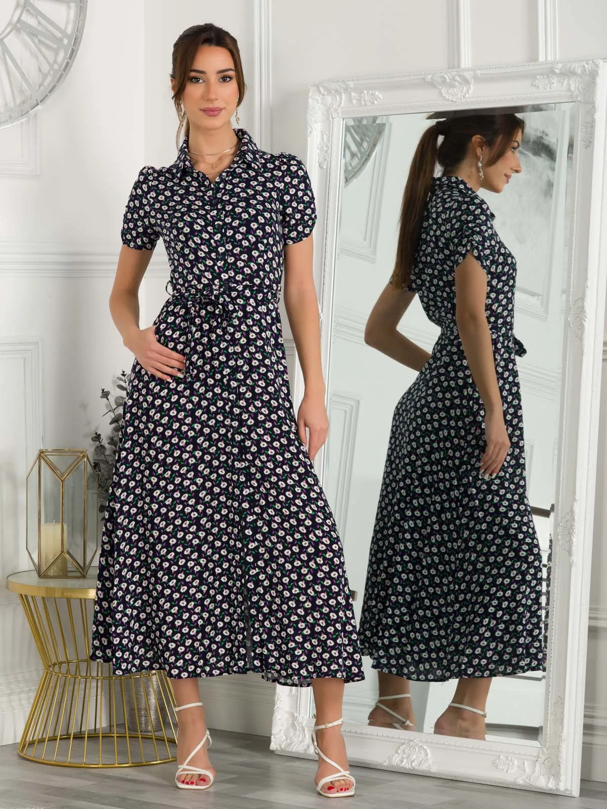 Danni Shirt Midi Dress, Navy Floral