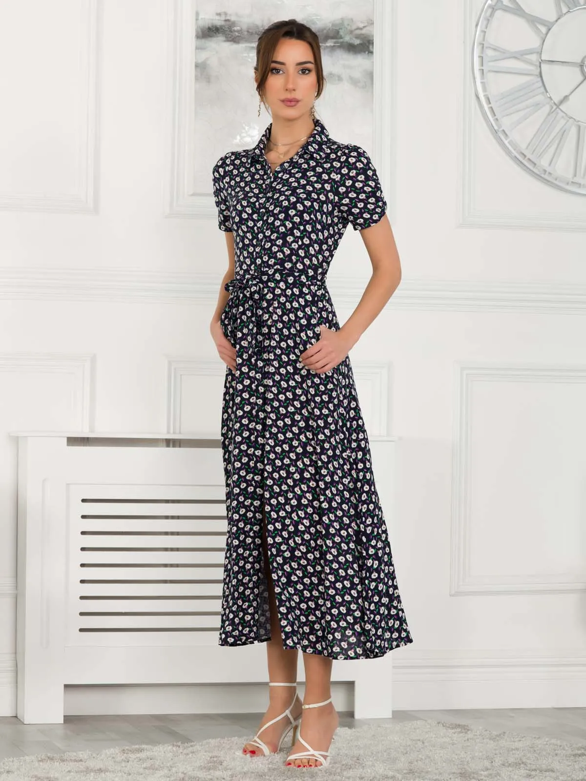 Danni Shirt Midi Dress, Navy Floral