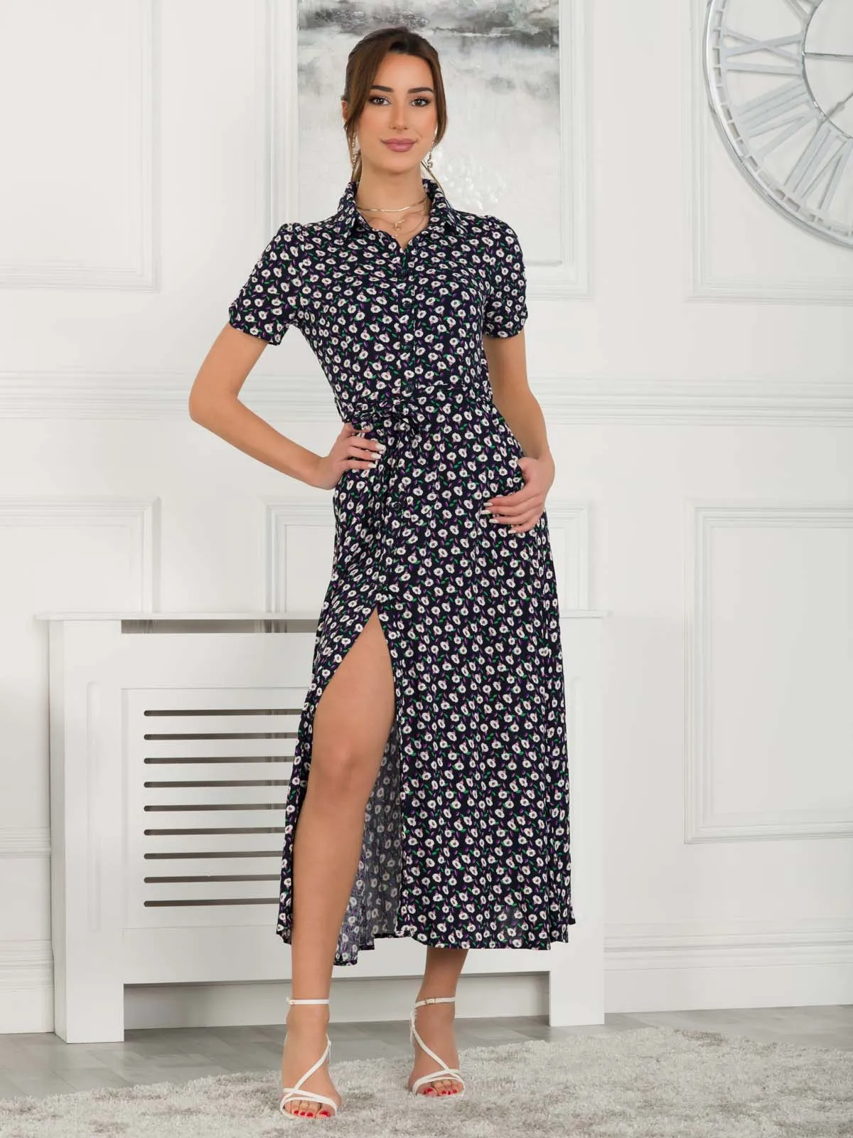 Danni Shirt Midi Dress, Navy Floral