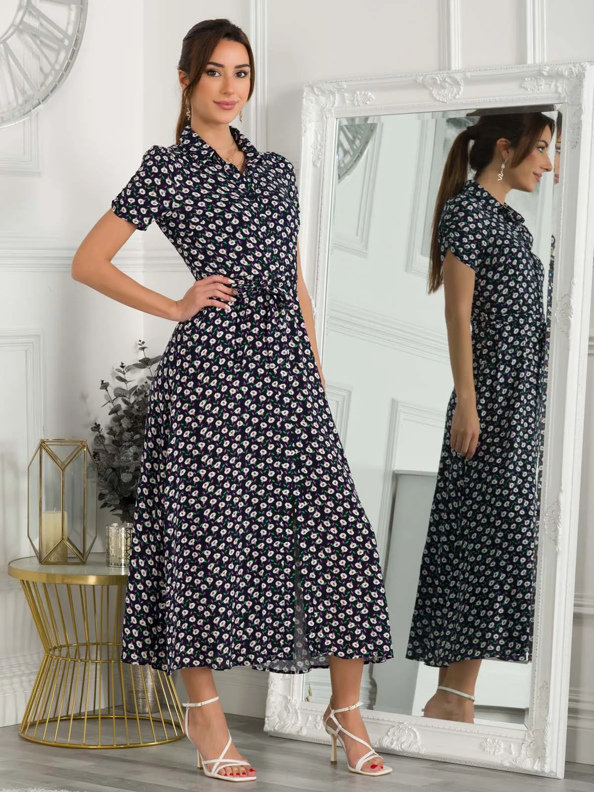 Danni Shirt Midi Dress, Navy Floral