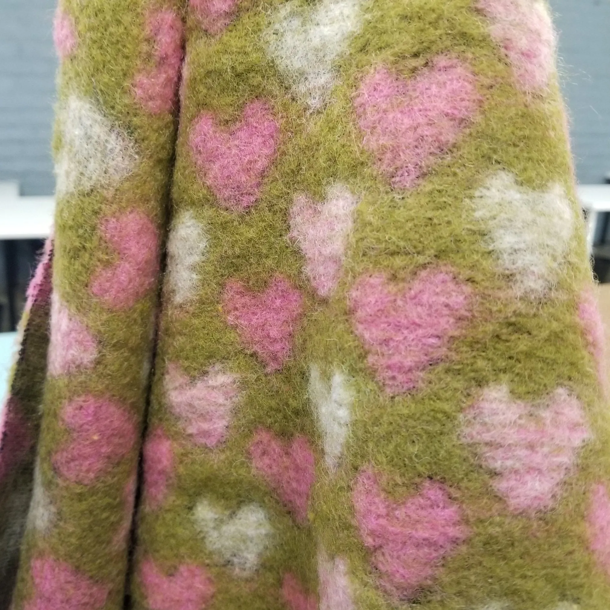 Designer Deadstock European Pink Hearts Chartreuse Boiled Wool Knit- by the yard