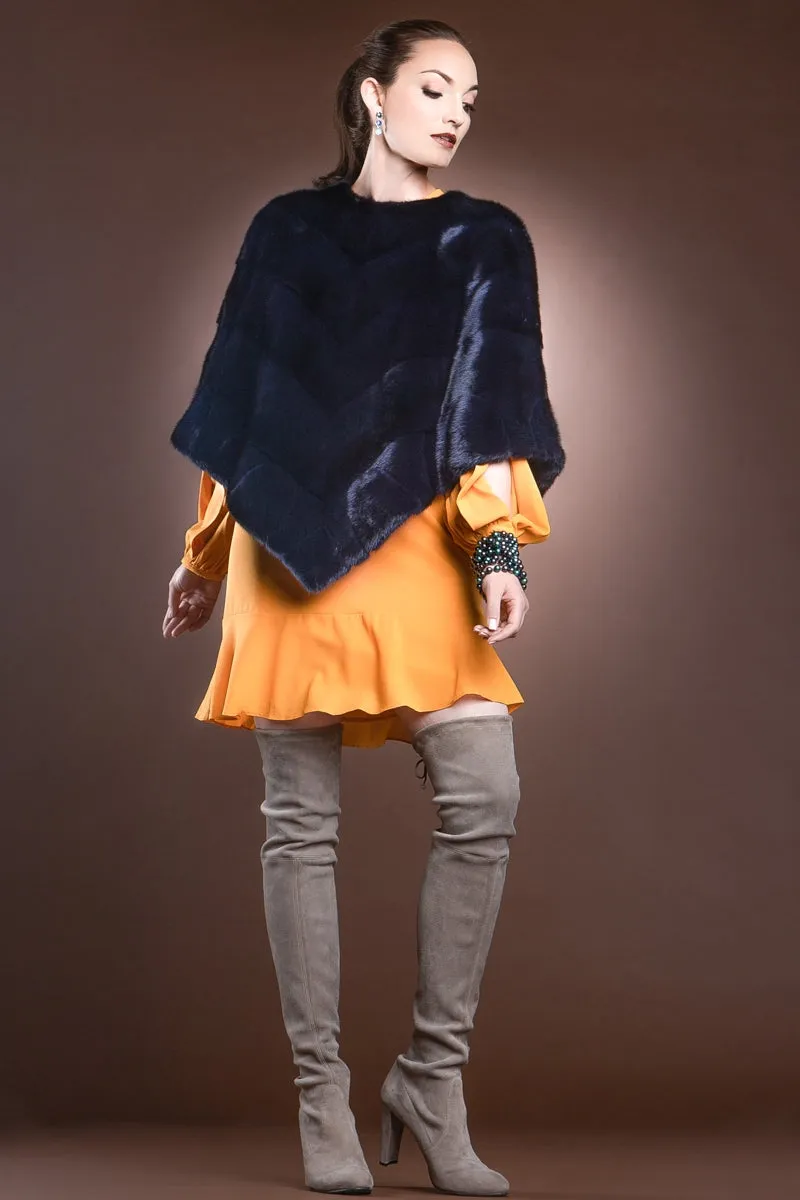 Diagonal Mink Fur Poncho-Brick Border Pattern