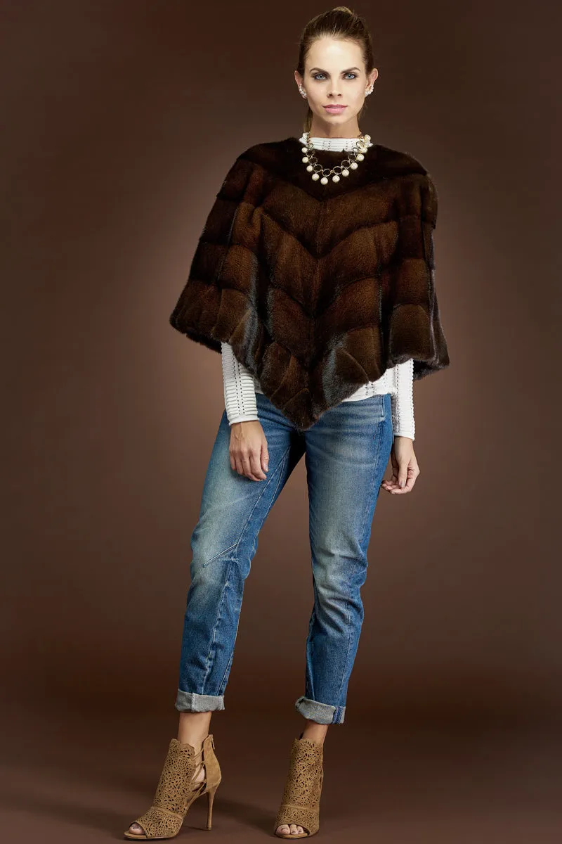 Diagonal Mink Fur Poncho-Brick Border Pattern